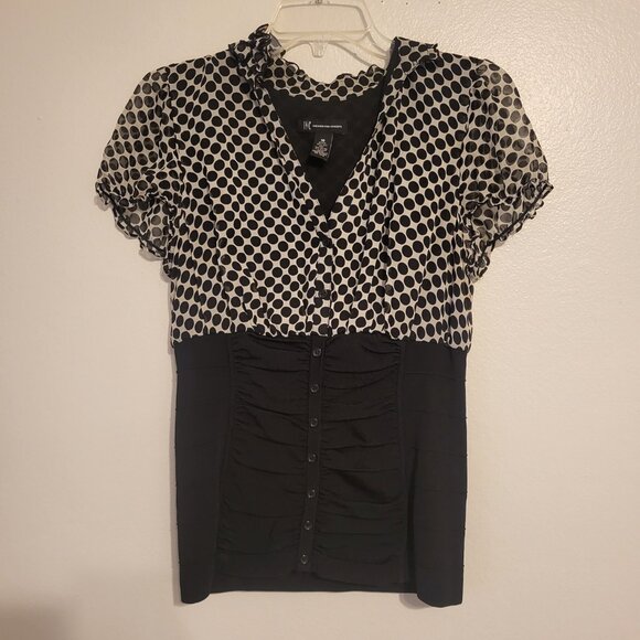 INC International Concepts Silk Black Polka Dot Y2k Stretch Waist Top Women's 10 - Picture 1 of 7